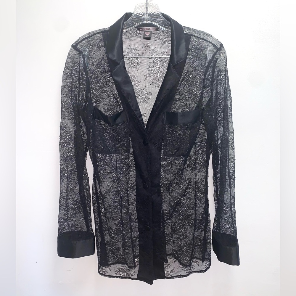 Victoria’s Secret Sheer Lace Button-up Top Black Size Medium